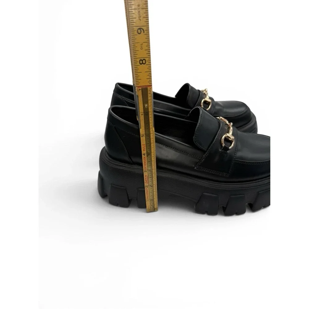 Princess Polly Black Faux Leather Lug Sole Loafers with Gold Hardware